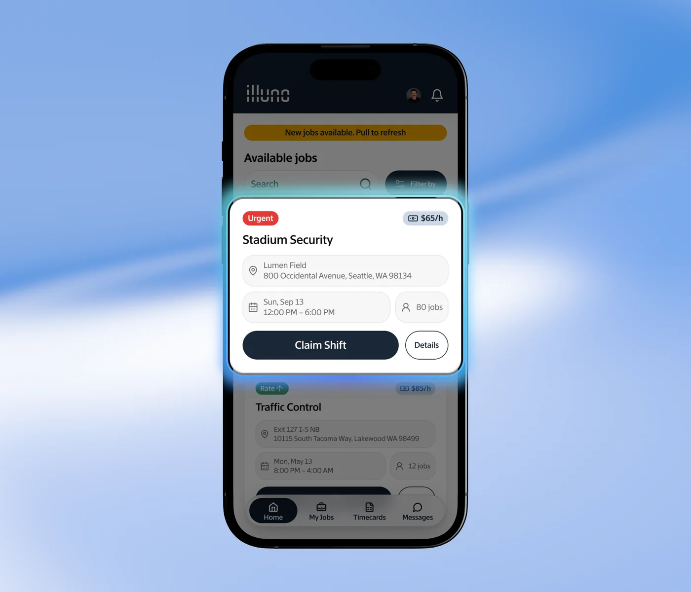 The officer app home feed showing nearby posts with hourly rates listed up front